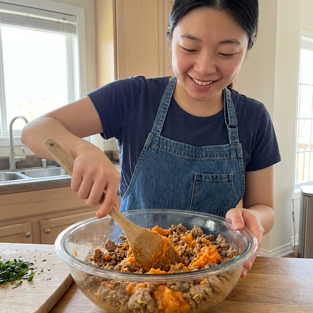 A realistic photo of a person in a home kitchen mixing cooked ground turkey and mashed sweet potato in a large glass bowl