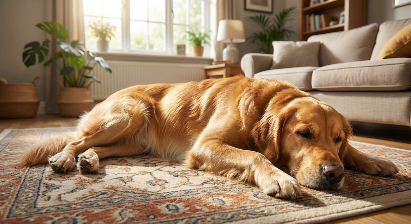 A realistic photo of a relaxed dog lying on a living room rug with clear skin and a shiny coat