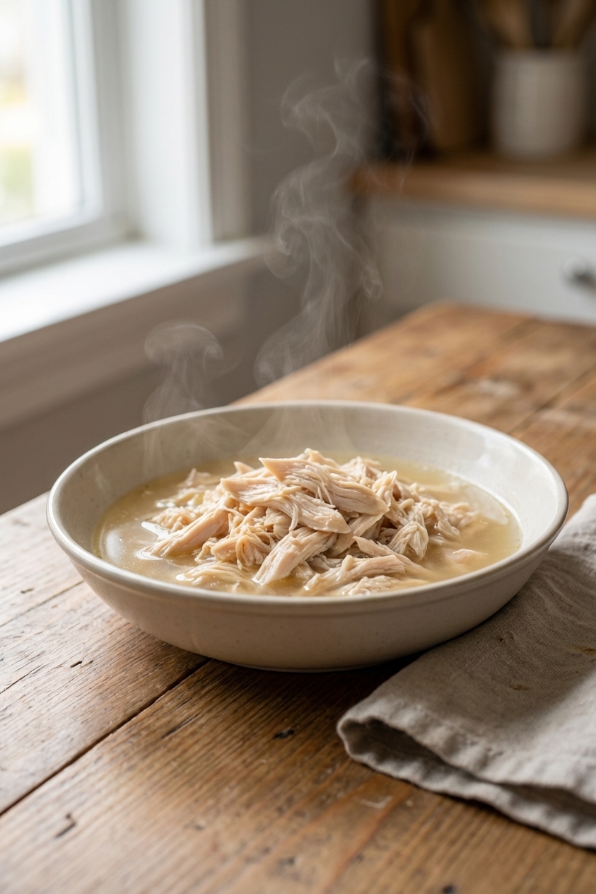 A realistic photo of a shallow bowl filled with a warm, soft shredded chicken and broth mixture prepared as homemade cat food, sitting on a simple wooden kitchen table in natural daylight