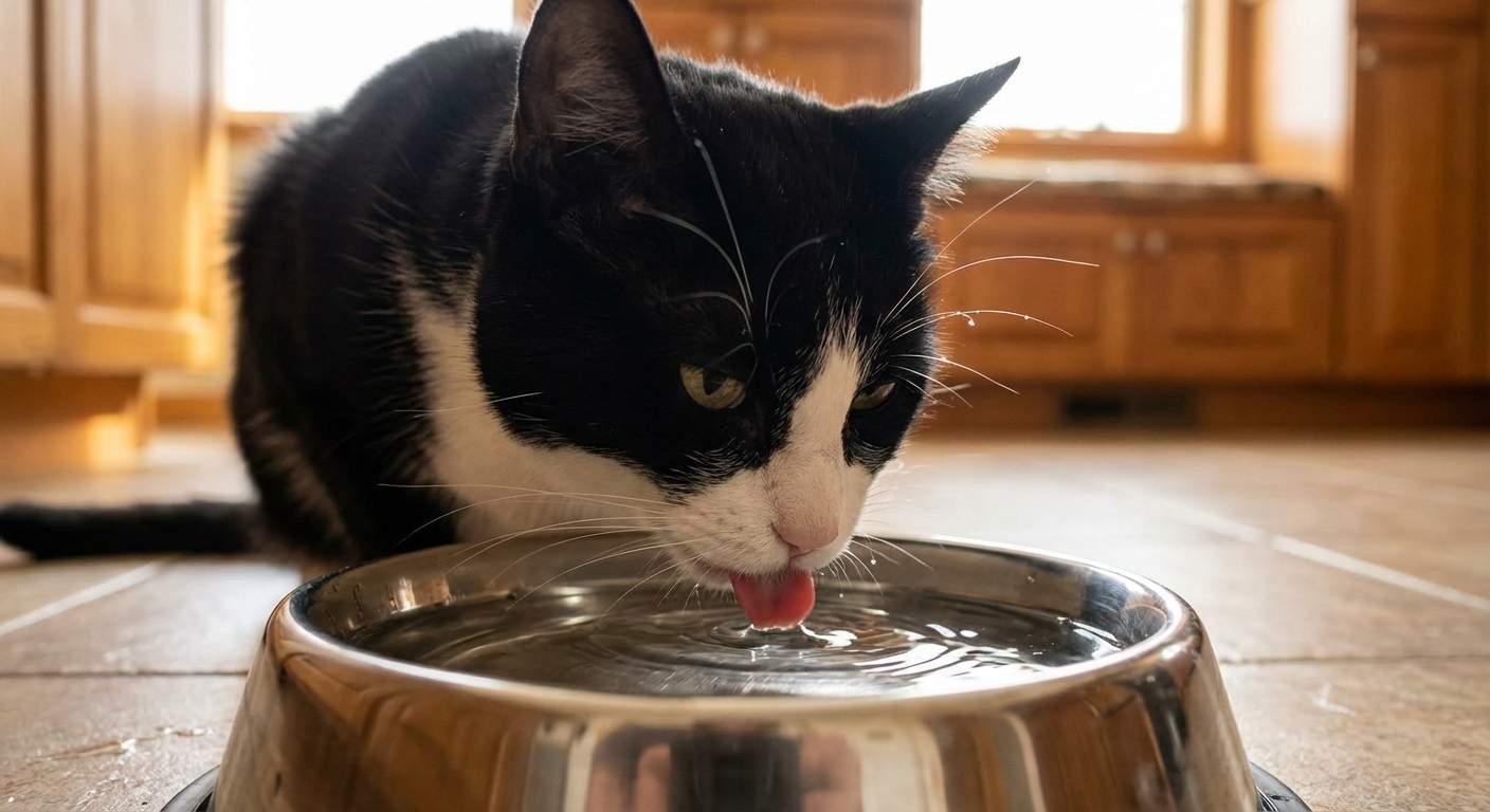 A realistic photo of a short haired black and white cat drinking water from a stainless steel bowl, soft indoor lighting, close up angle