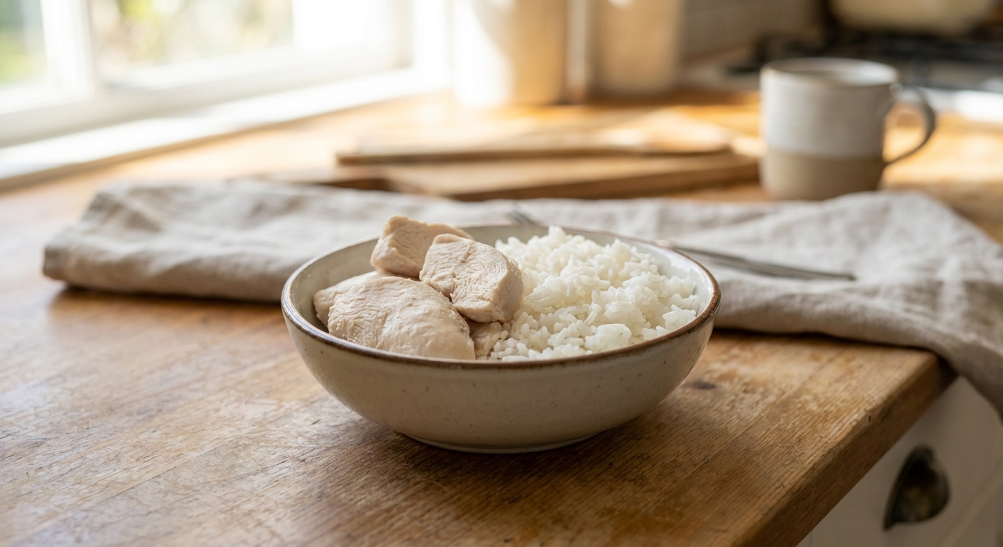A realistic photo of a small bowl containing plain boiled chicken breast and white rice on a kitchen counter, soft natural light, no seasonings visible