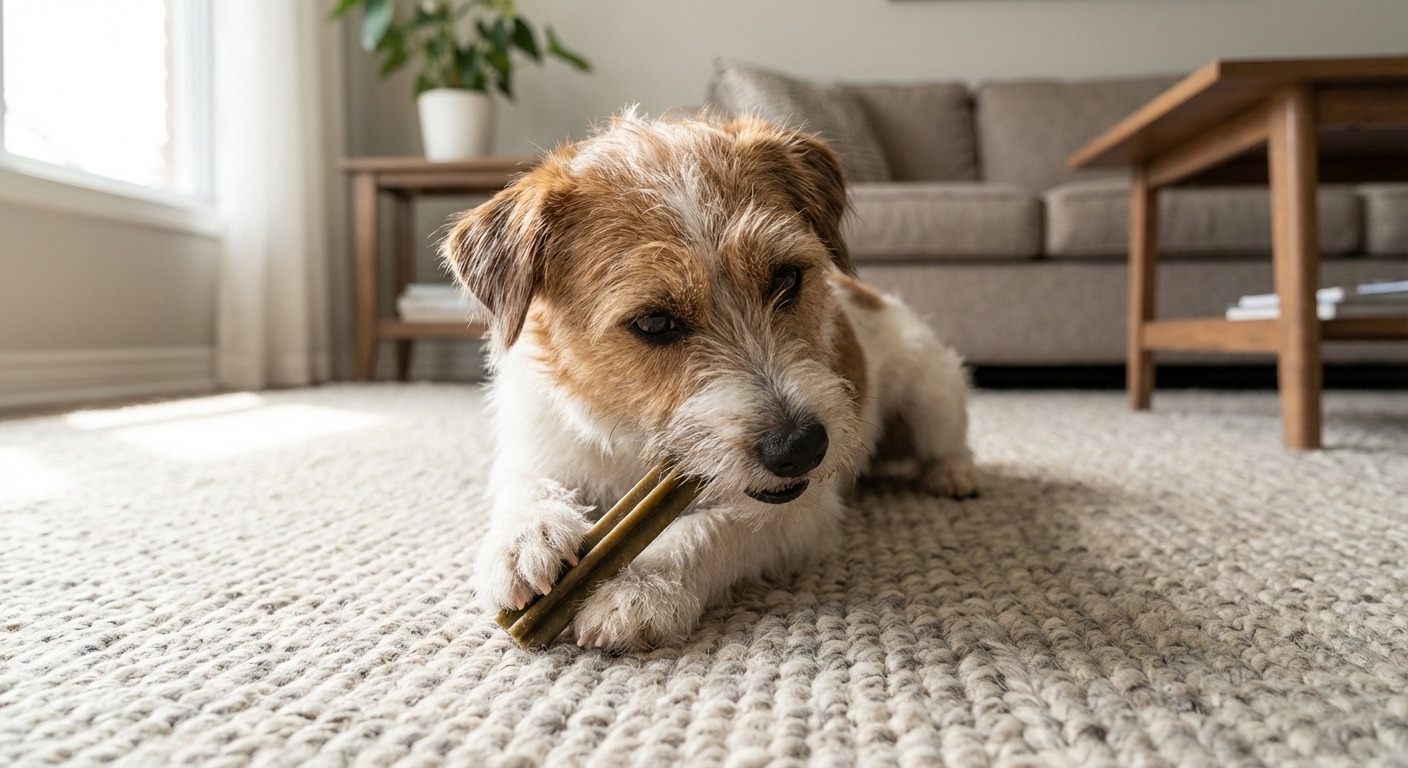 A realistic photo of a small dog holding a dental chew between its front paws while lying on a living room rug, the chew clearly visible, natural candid lighting