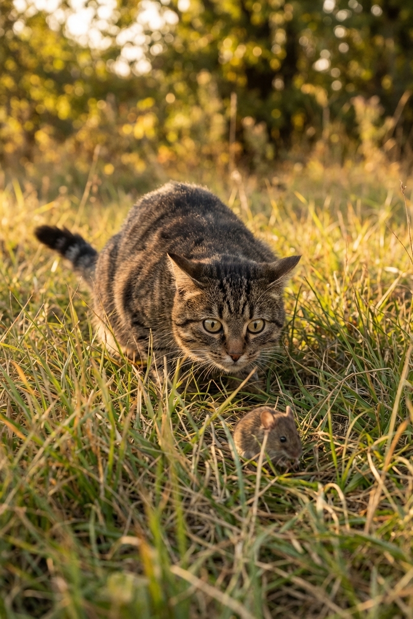 A realistic photo of a tabby cat crouched in tall grass outdoors, focused on a small mouse in front of it, late afternoon light