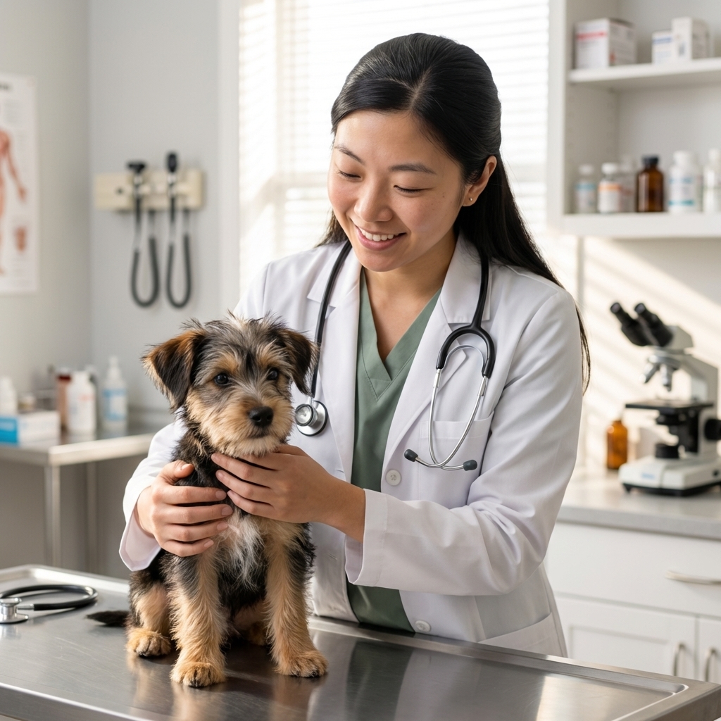 A realistic photo of a veterinarian gently holding a small mixed-breed dog on an exam table in a bright clinic room, calm supportive mood