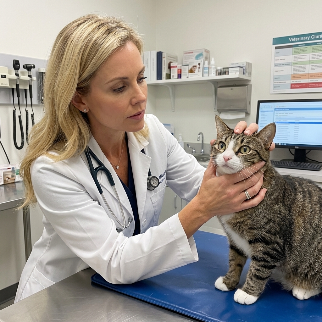 A realistic photo of a veterinarian gently holding a cat's head during an exam while the cat's eyes show visible rapid side-to-side movement, clinical exam room lighting, documentary style