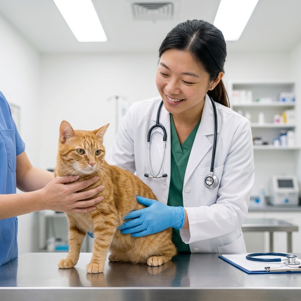 A realistic photo of a veterinarian gently palpating a male cat’s abdomen on an exam table while a technician supports the cat, bright clinical lighting