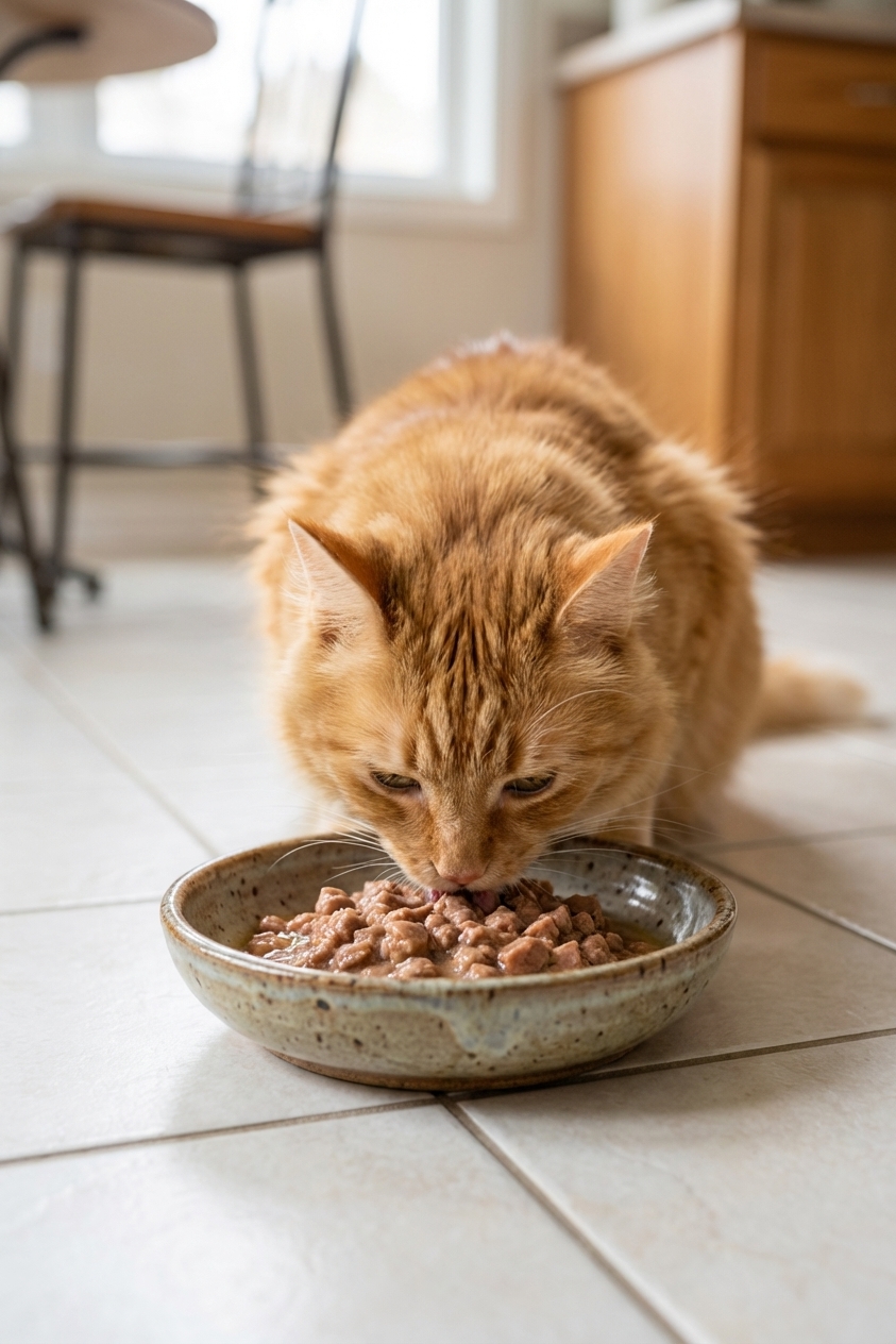 A realistic photo of an orange cat eating wet food from a ceramic bowl on a clean kitchen floor, soft natural light, shallow depth of field