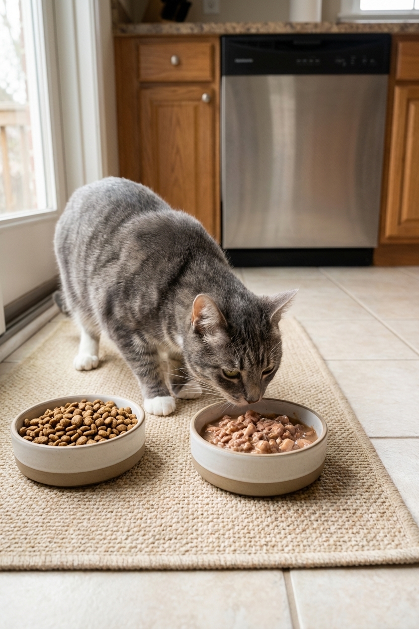 A realistic photo of two bowls on a kitchen mat, one containing wet cat food and the other containing dry kibble, with a curious cat sniffing near the bowls