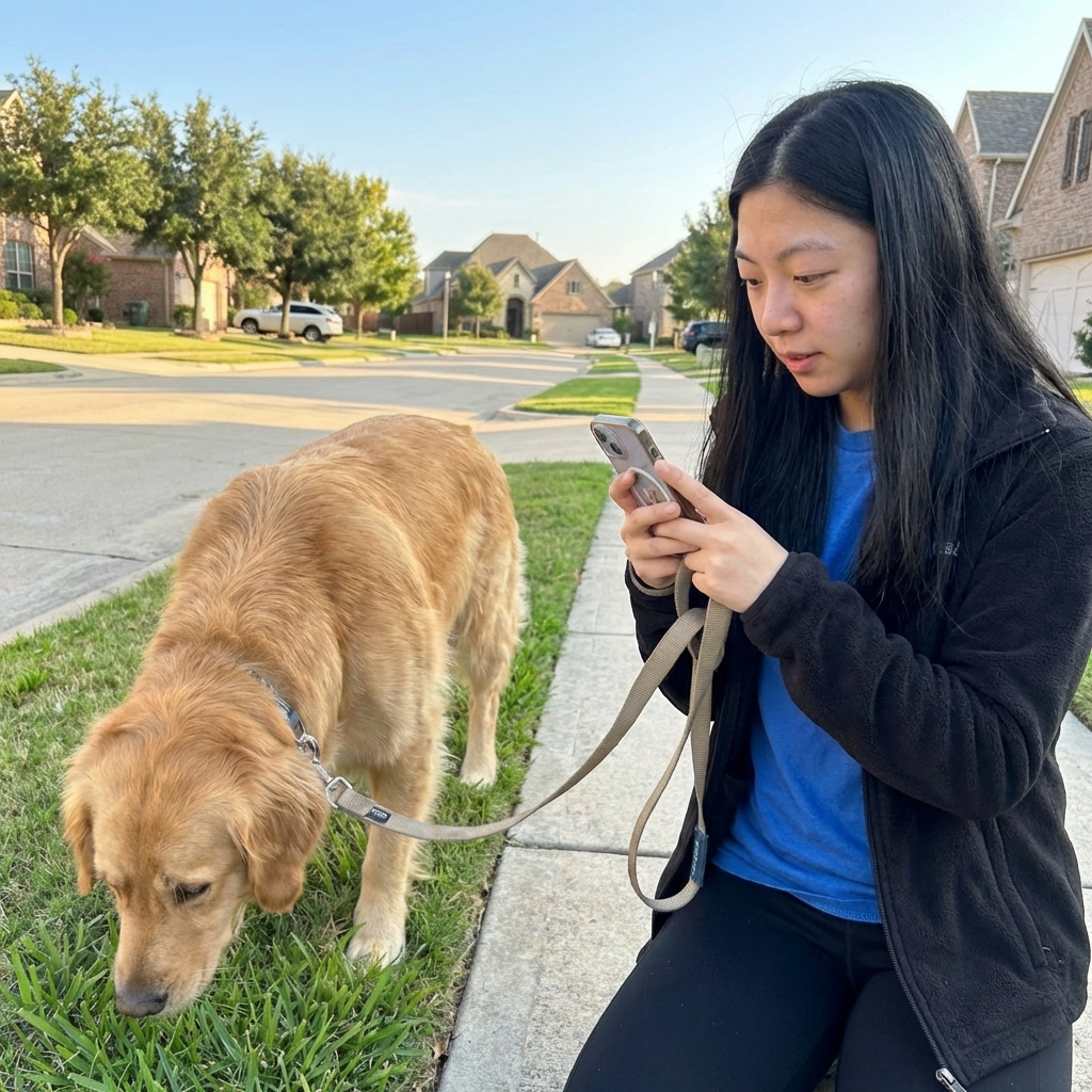 A realistic photograph of a dog owner using a smartphone to take a picture while their dog is on leash outdoors