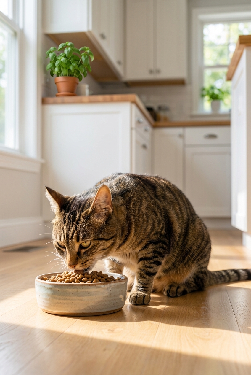 A realistic photograph of a healthy adult cat eating from a ceramic bowl in a bright kitchen