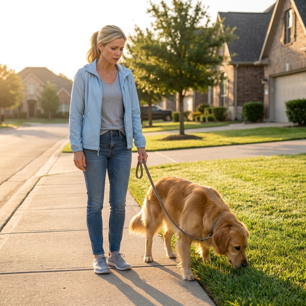 A realistic photograph of a leashed dog standing on a sidewalk near a small patch of grass while a worried owner looks down, early morning light