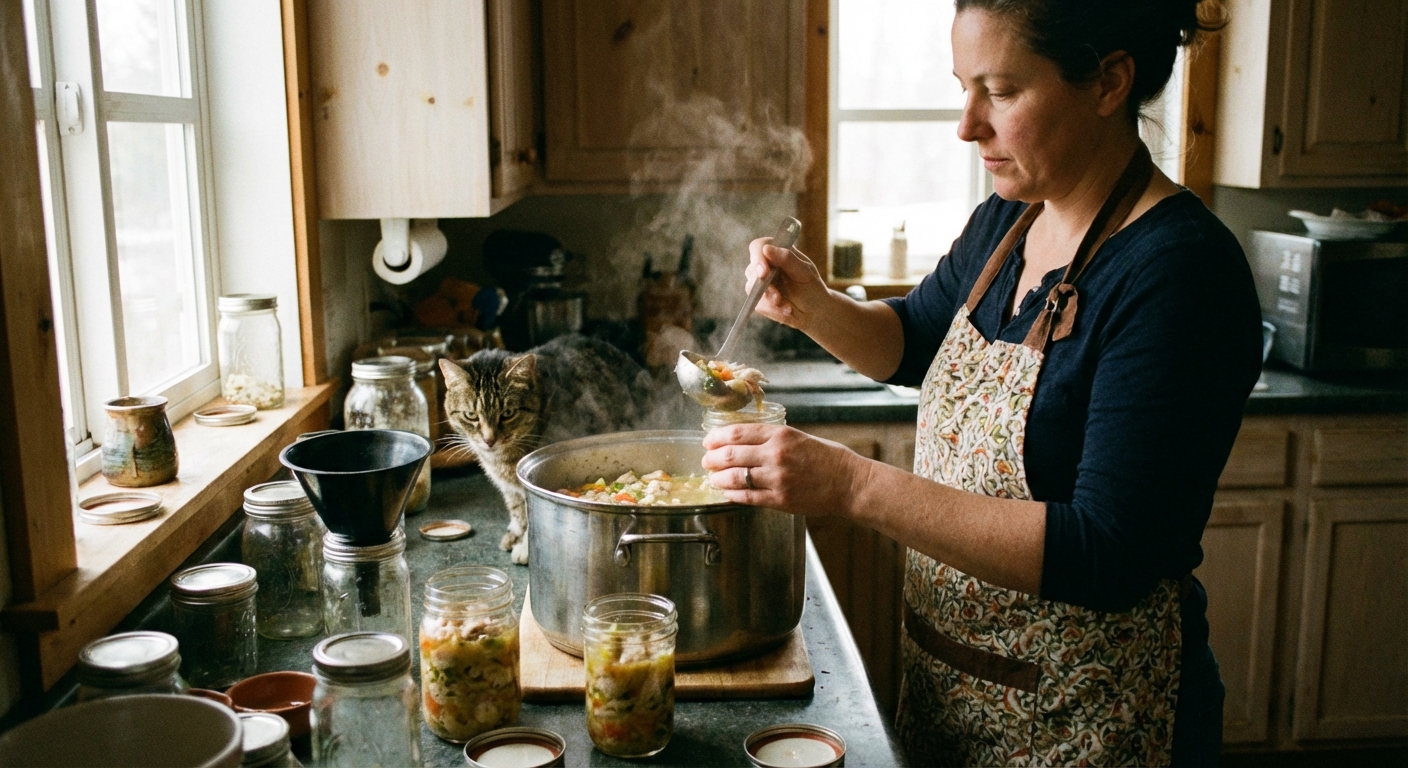 A realistic photograph of a person portioning homemade cooked cat food into small glass containers on a kitchen counter