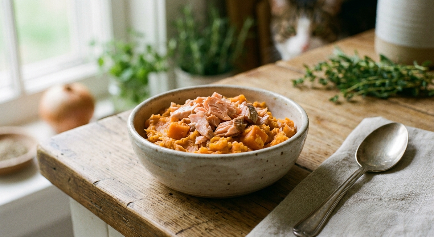 A realistic photograph of a small bowl of homemade cat food made from flaked salmon and mashed sweet potato on a kitchen counter
