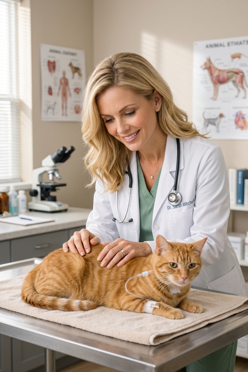 A realistic photograph of a veterinarian gently caring for a calm cat in an exam room, with a feeding tube bandage visible on the cat’s neck