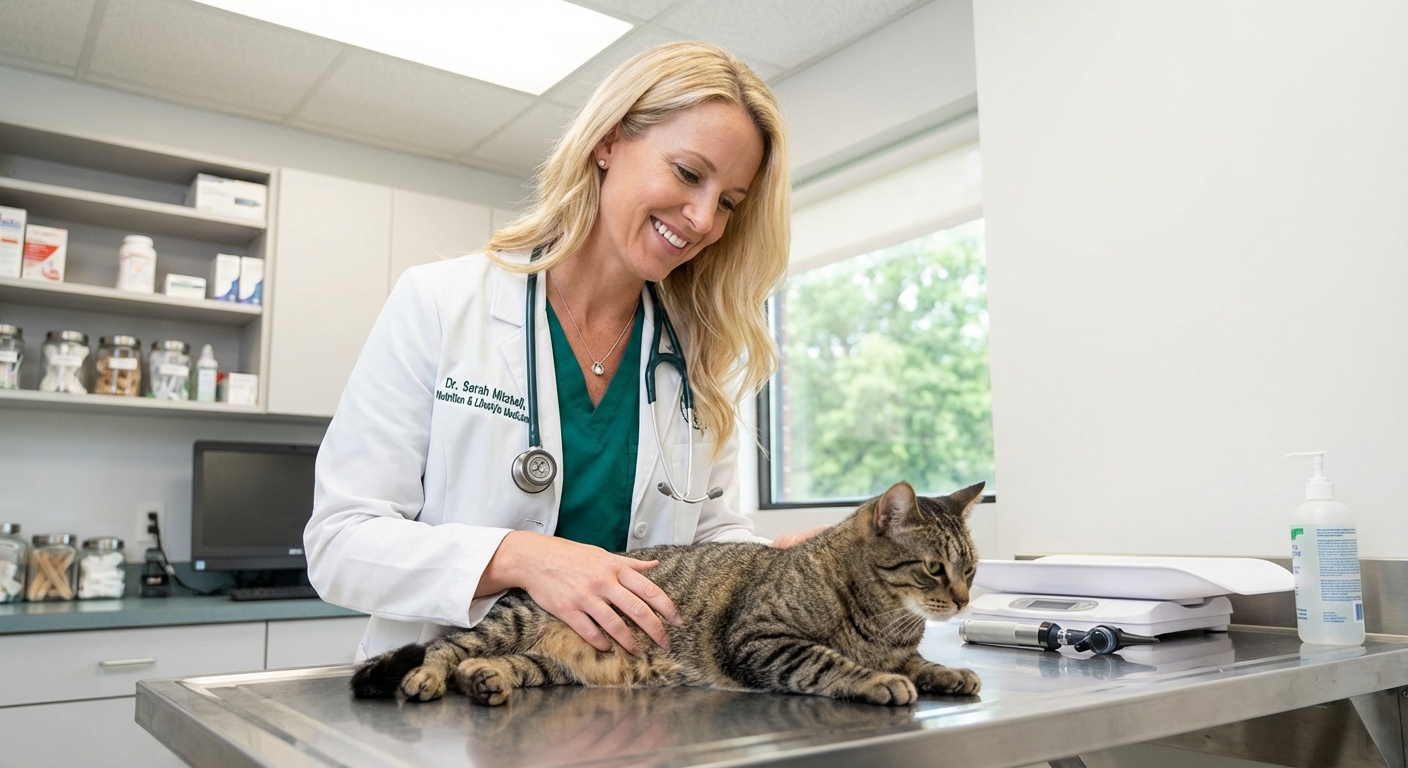 A realistic photograph of a veterinarian gently examining a cat on a stainless steel exam table in a veterinary clinic room