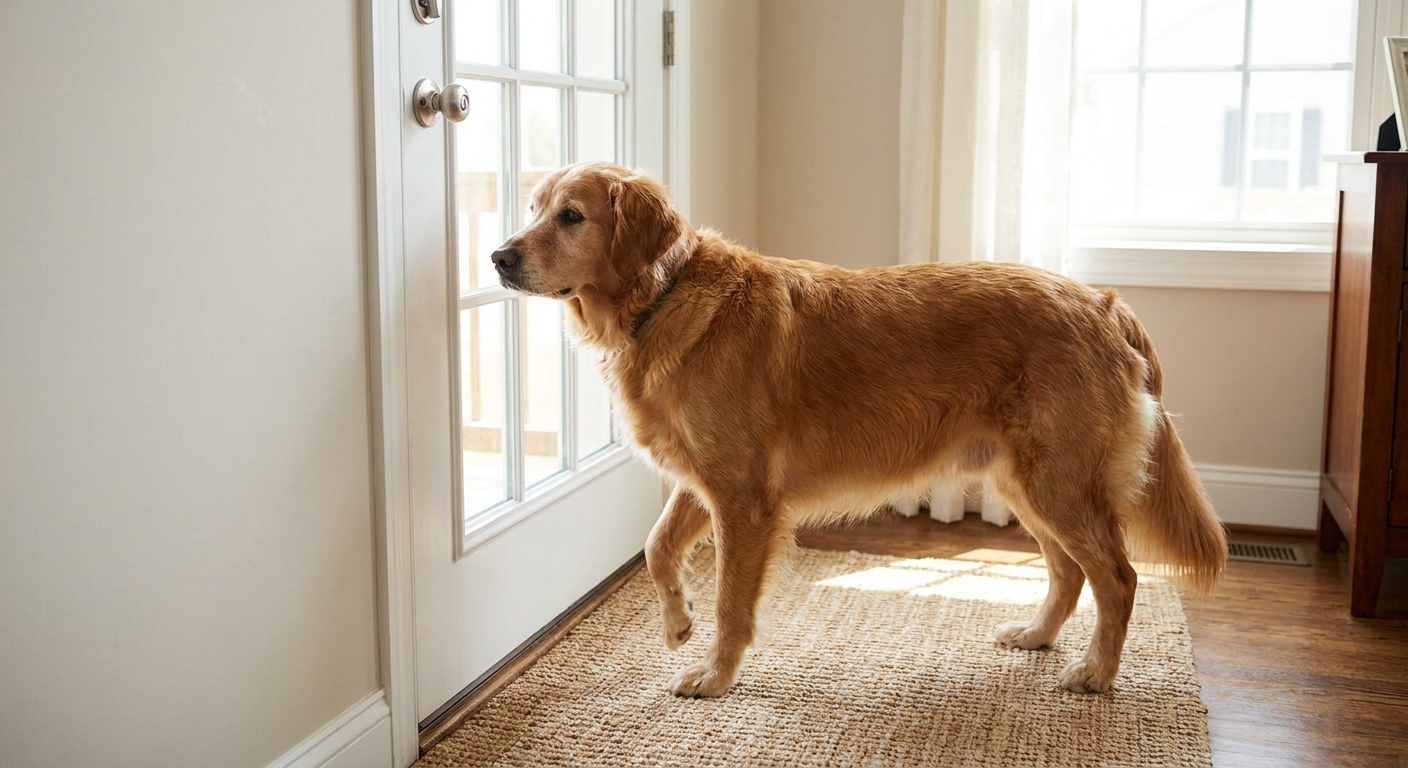 A dog standing by a back door as if asking to go outside
