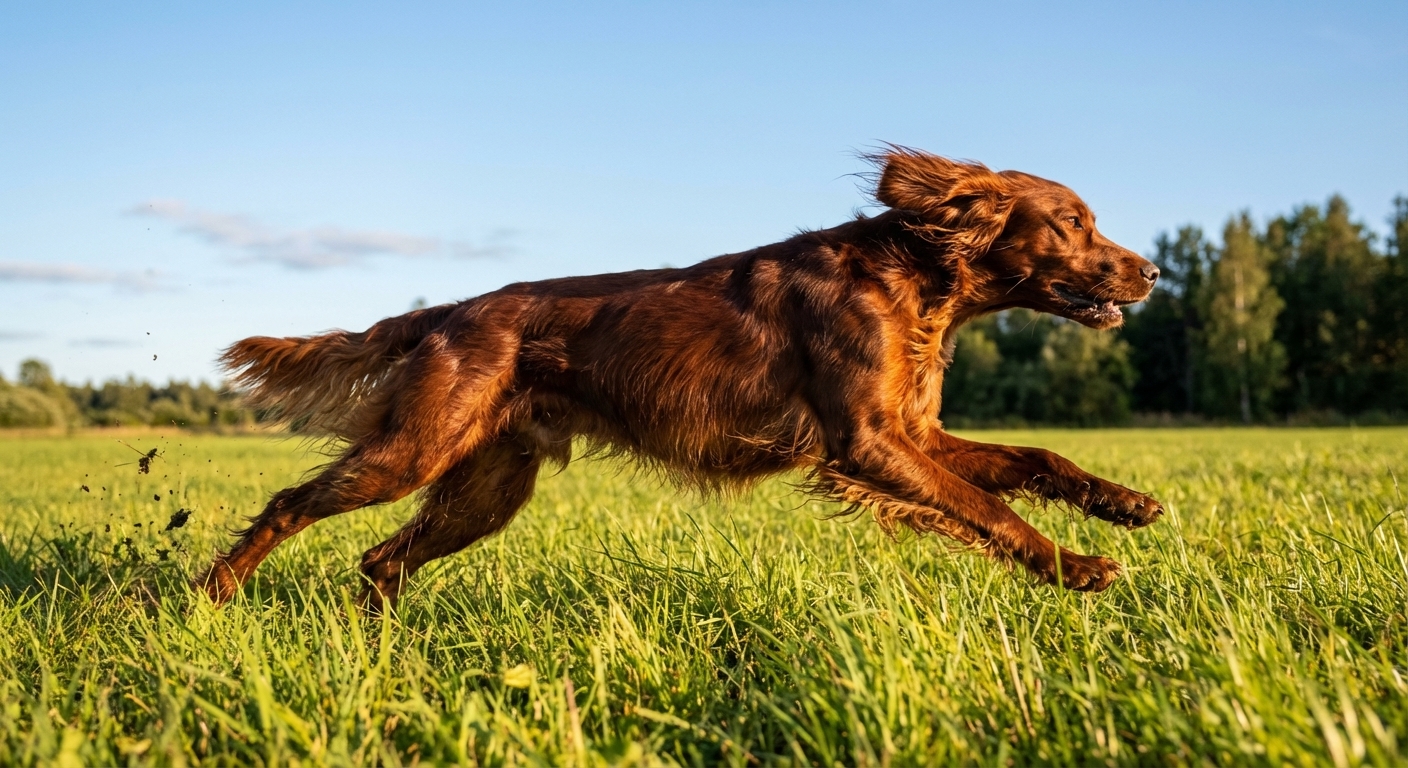A red Irish Setter sprinting across a green grassy field on a sunny day, ears and feathered coat flowing in motion, realistic photography