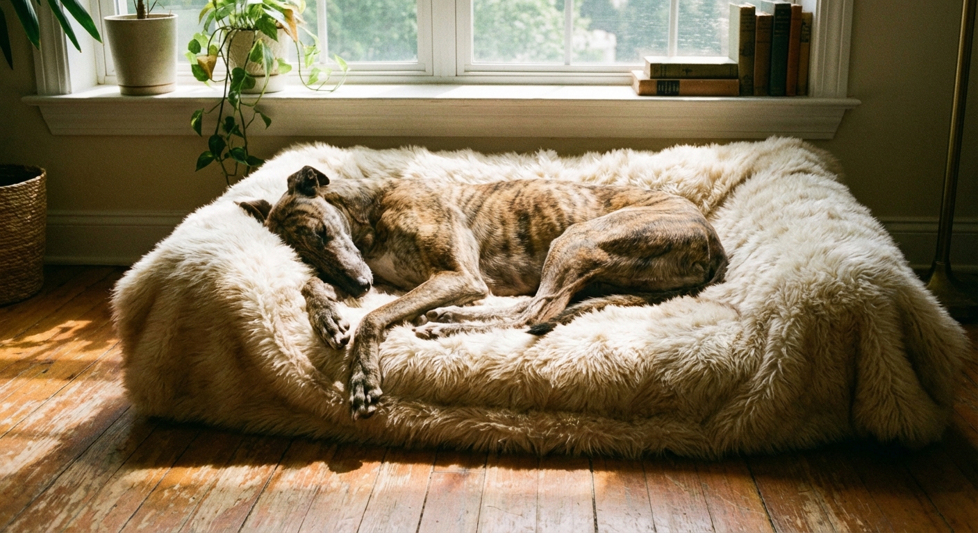 A relaxed Greyhound napping on a plush dog bed near a sunny window