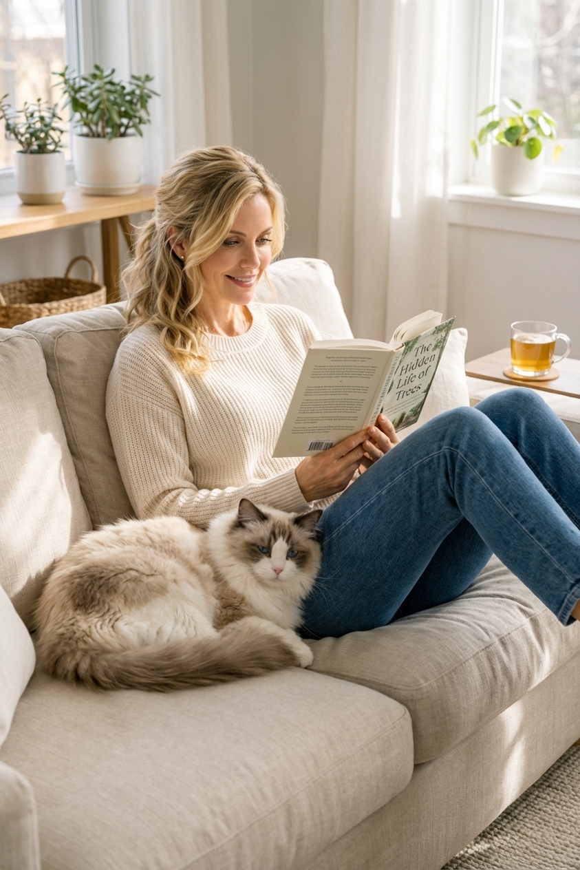 A relaxed Ragdoll cat lying next to a person reading on a couch