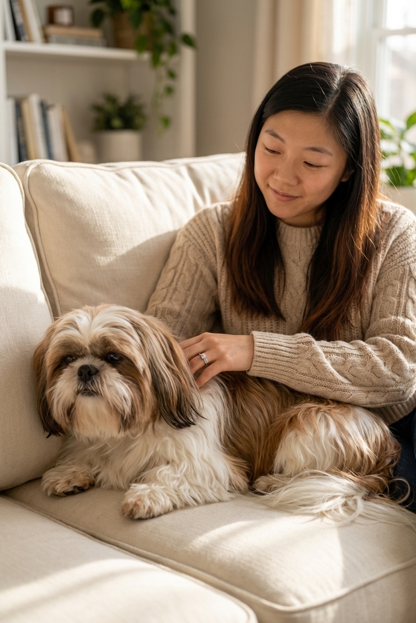 A relaxed adult Shih Tzu with a long silky coat resting on a sofa next to a person’s hand, warm indoor natural light, realistic pet photography style