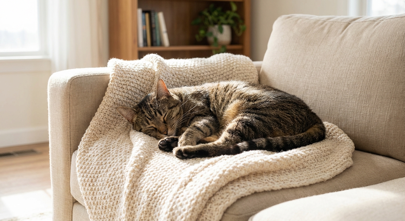 A relaxed adult cat curled up sleeping on a soft blanket on a couch
