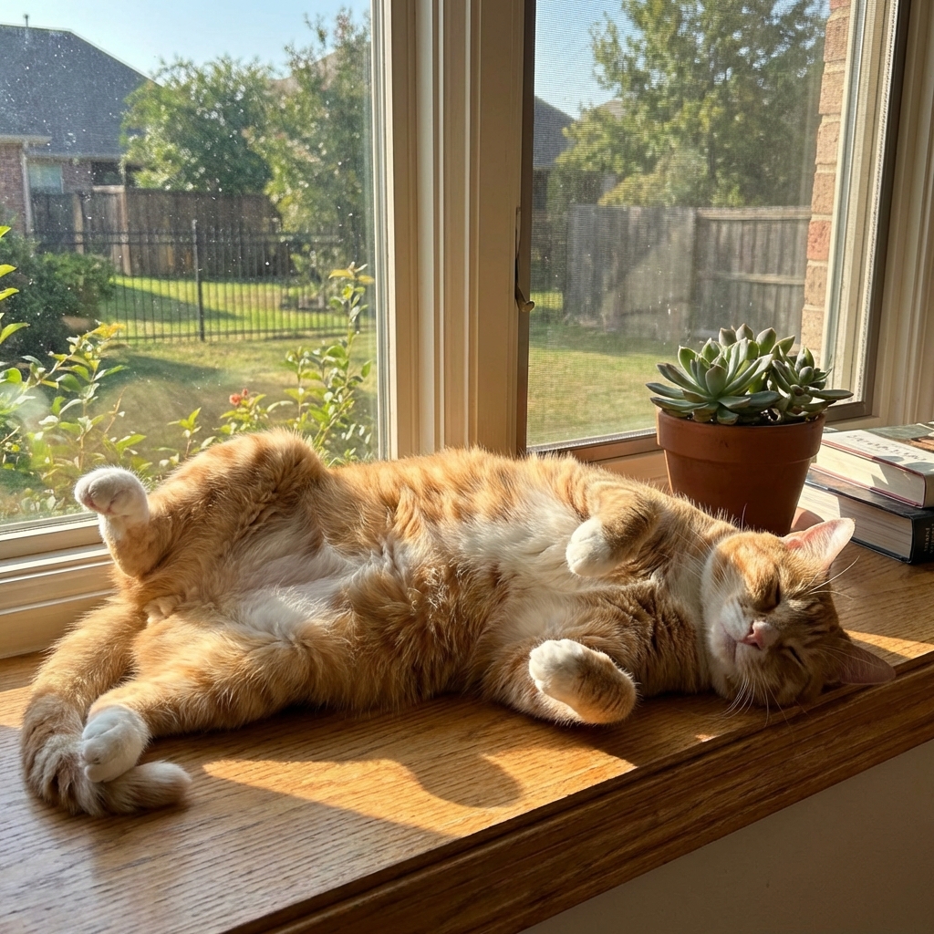 A relaxed adult cat lying on a sunny windowsill in a home