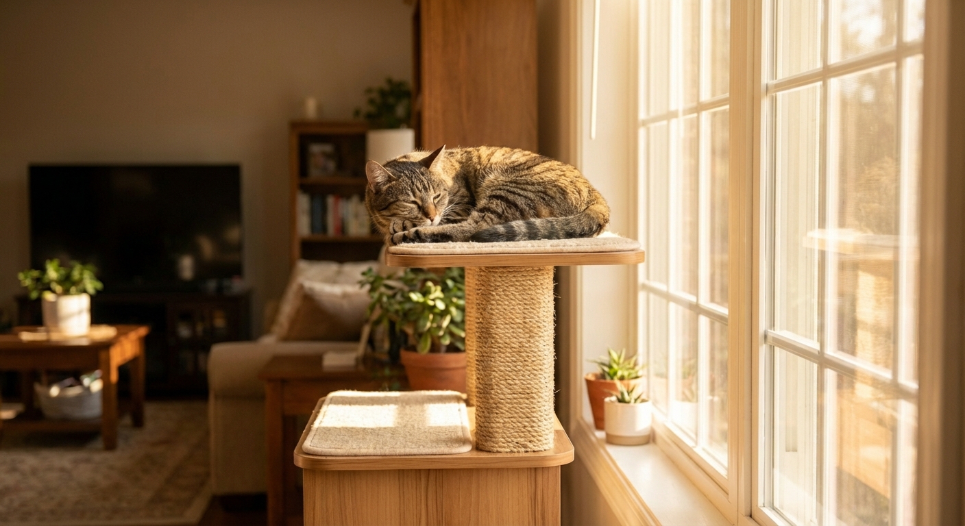 A relaxed cat perched on a cat tree near a sunny window