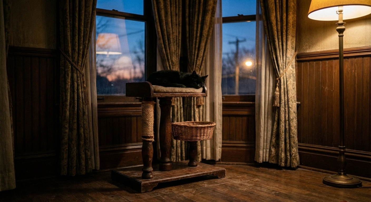 A relaxed cat resting on a cat tree near a window during the evening