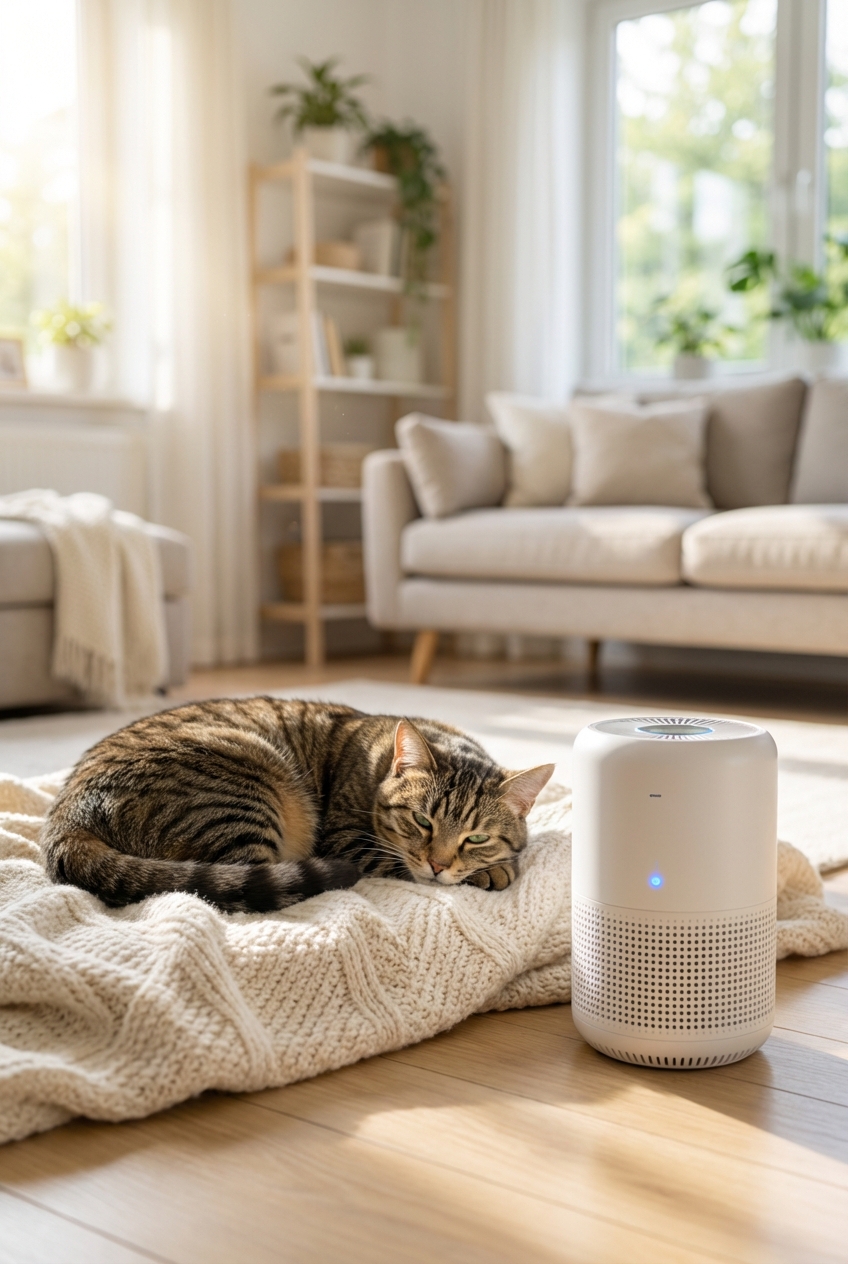 A relaxed cat resting on a soft blanket next to a small air purifier in a bright living room