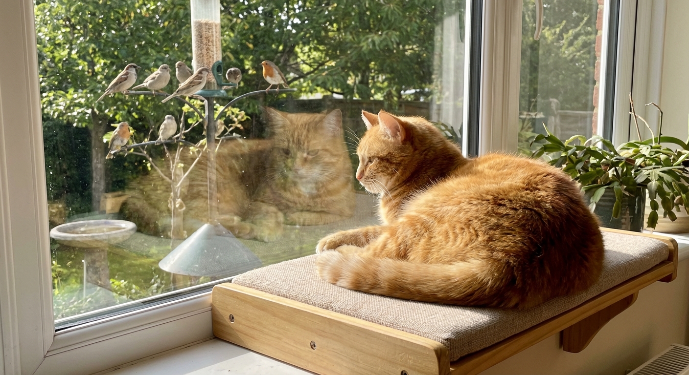 A relaxed cat sitting on a window perch watching birds outside in daylight