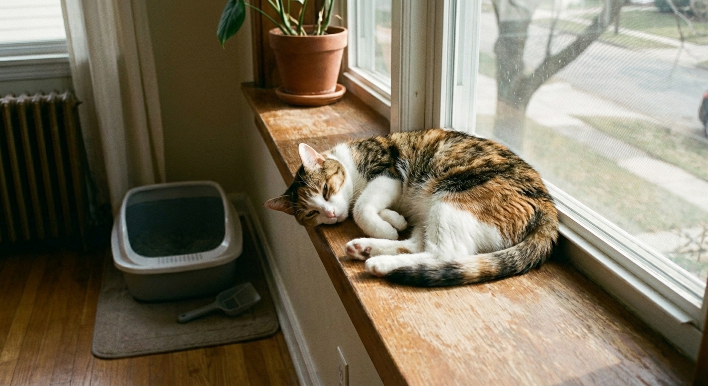 A relaxed cat sitting on a windowsill in natural light with a clean litter box in the background