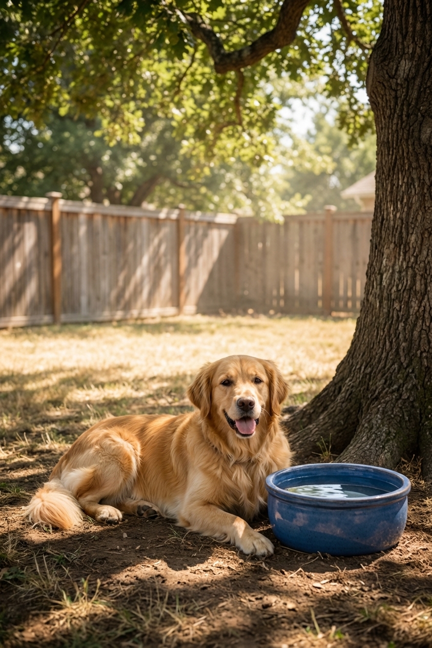 A relaxed dog lying in deep shade near a full water bowl on a hot summer day in a backyard