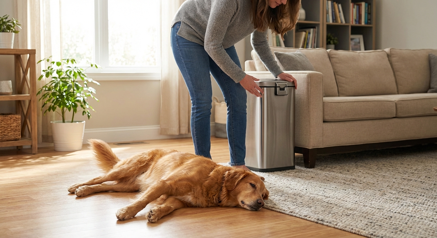 A relaxed dog lying on a clean living room floor while a person closes a childproof trash can lid