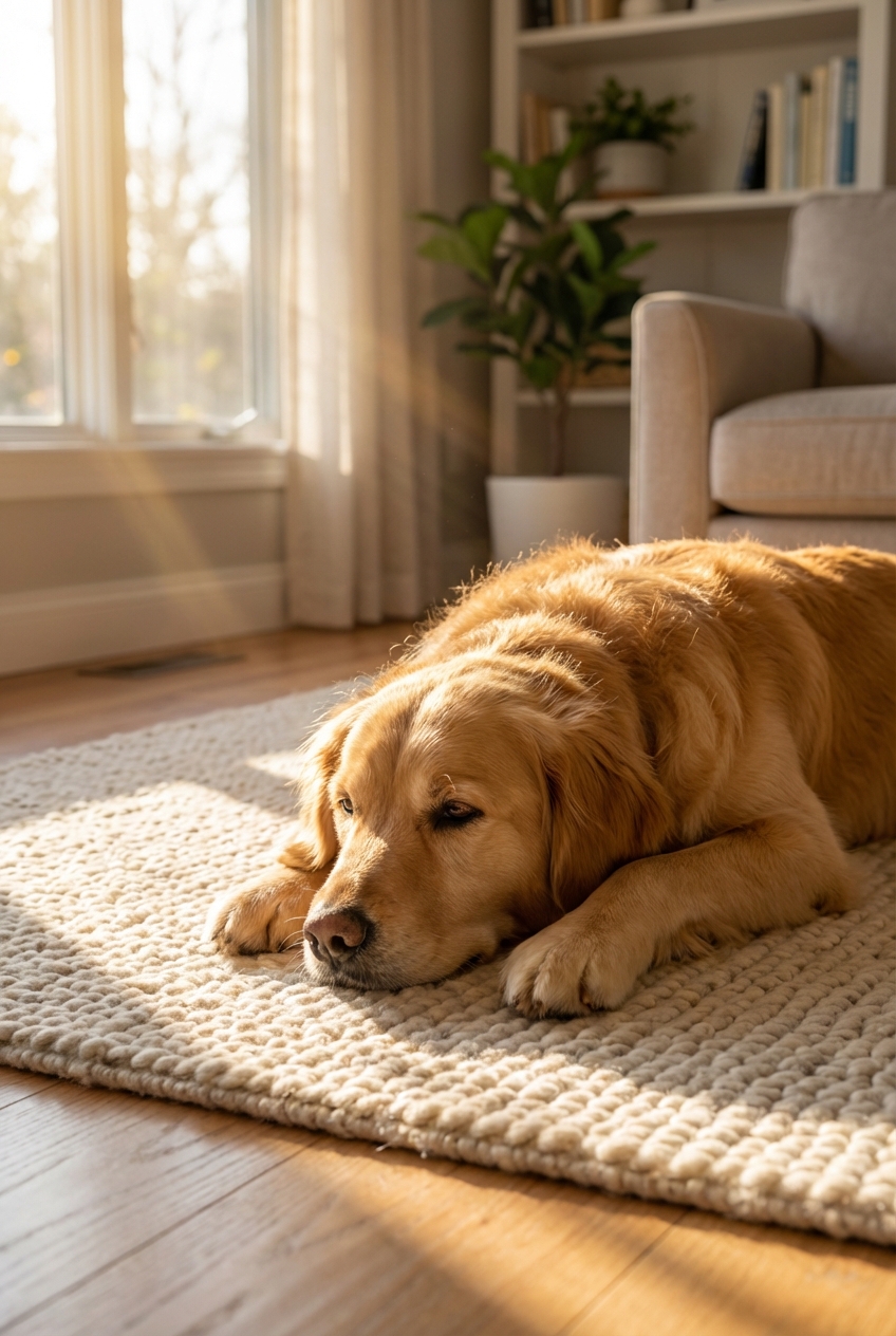 A relaxed dog lying on a clean living room rug while sunlight comes through a window