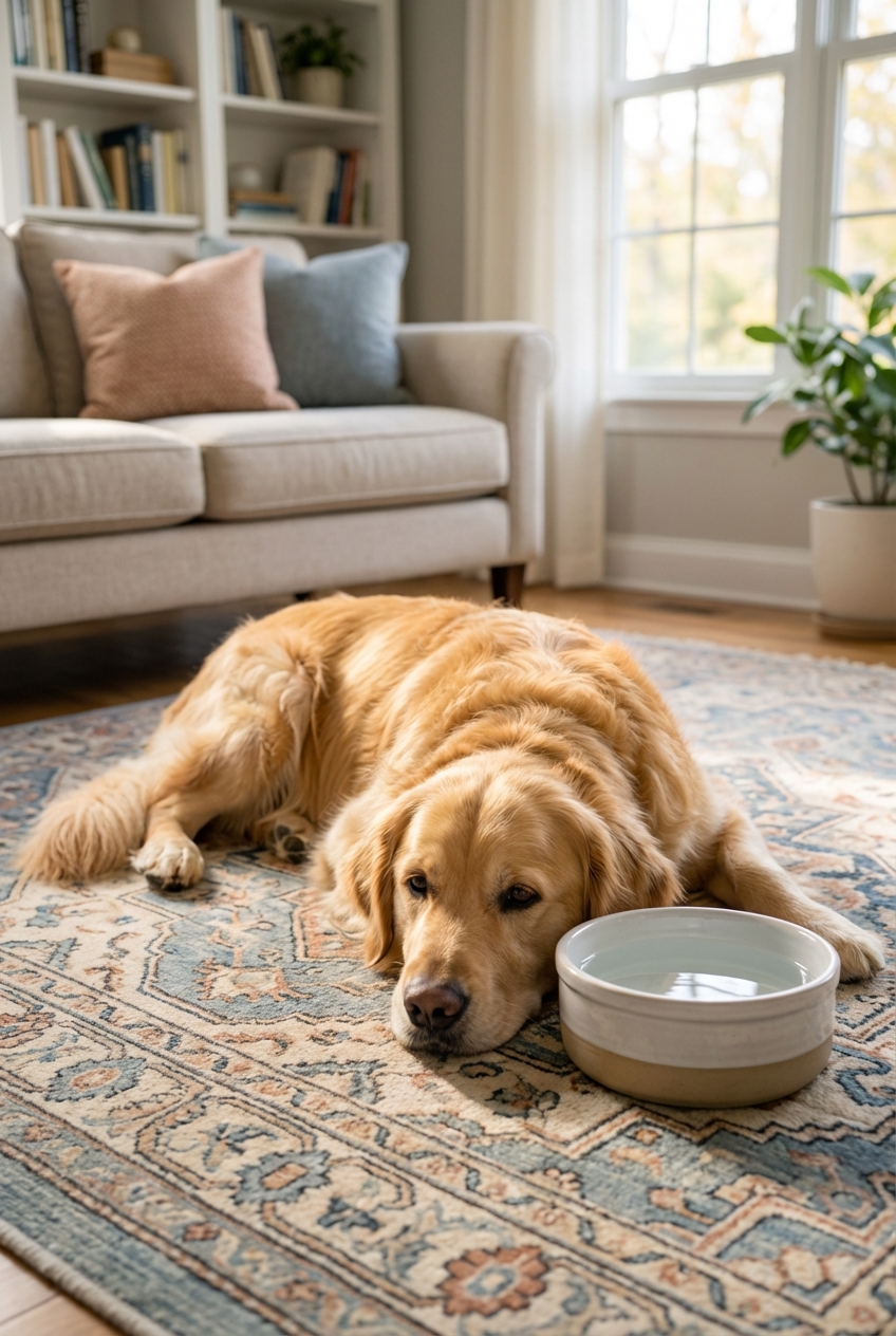 A relaxed dog lying on a living room rug with a water bowl nearby