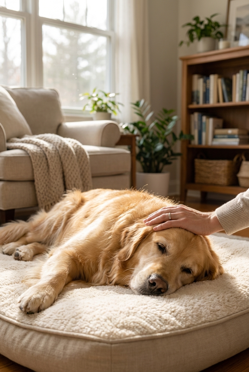 A relaxed dog lying on a soft bed in a quiet living room while a person gently pets them