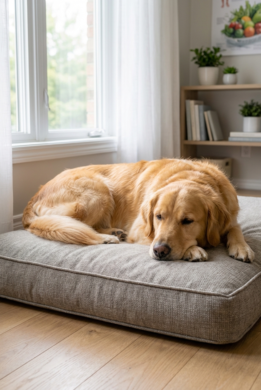 A relaxed dog lying on a supportive orthopedic bed near a window with soft daylight