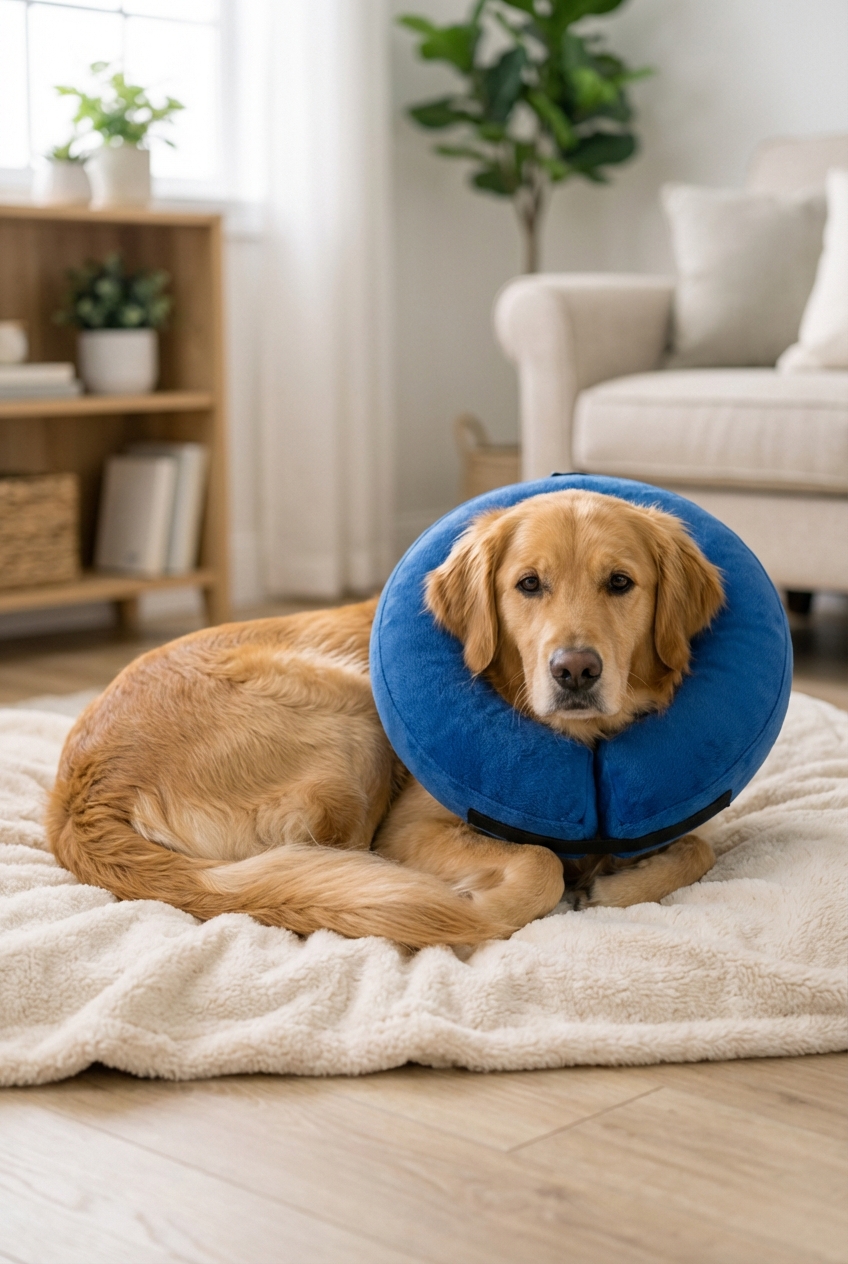 A relaxed dog resting on a clean blanket indoors while wearing a soft recovery collar