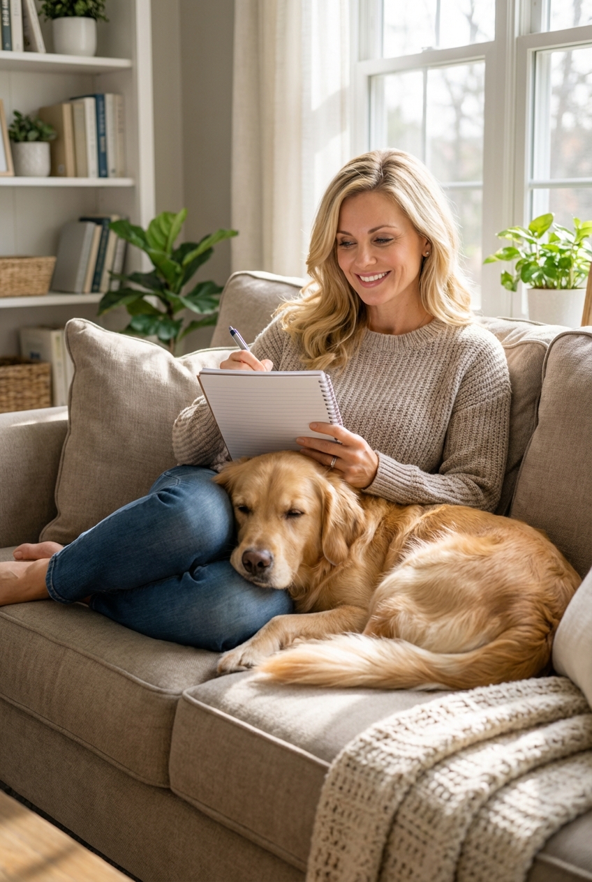 A relaxed dog resting on a couch next to a person holding a notebook