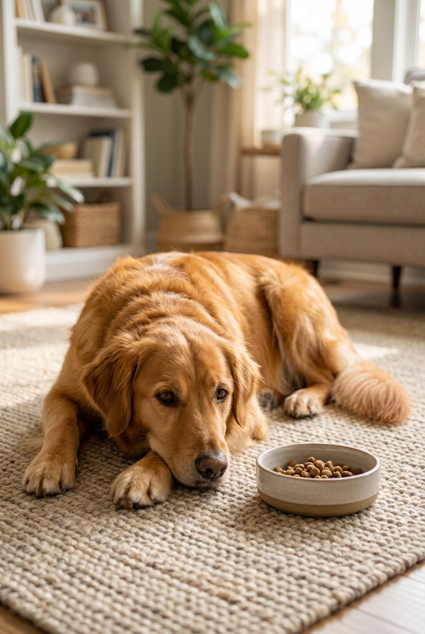 A relaxed dog resting on a living room rug with a small portion of kibble in a bowl nearby