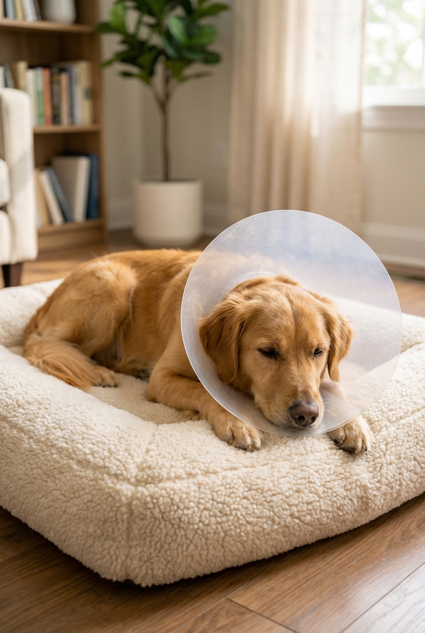 A relaxed dog resting on a soft bed indoors while wearing a clear plastic e-collar