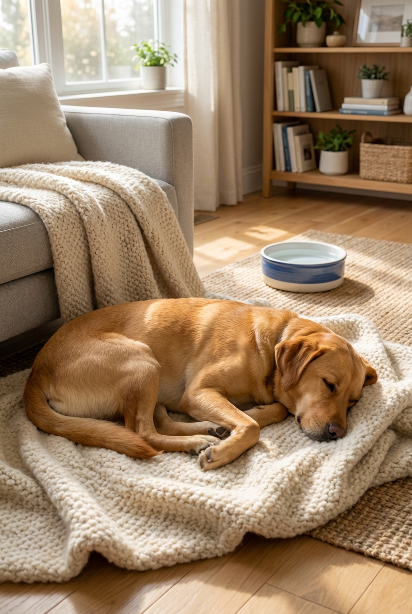 A relaxed dog resting on a soft blanket in a living room while a water bowl sits nearby