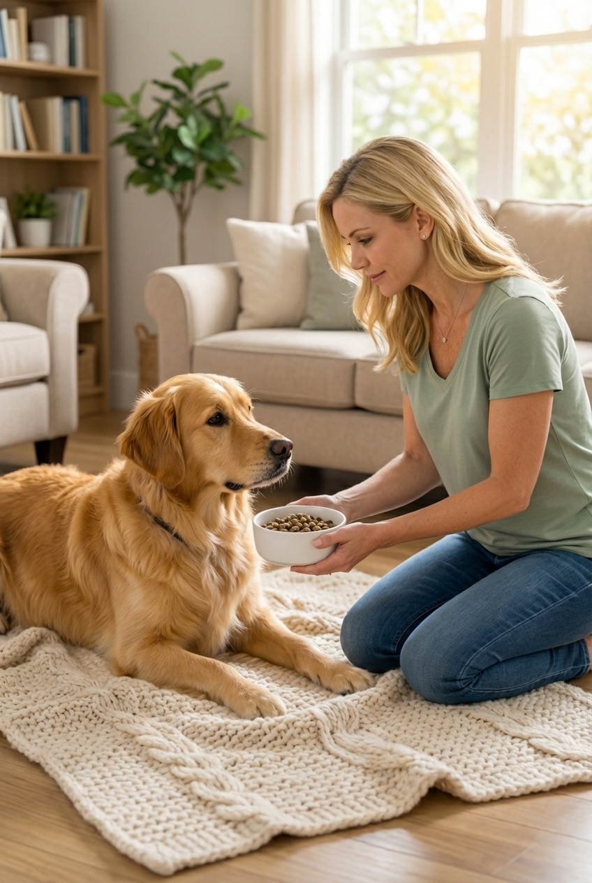 A relaxed dog resting on a soft blanket in a living room while an owner gently offers a small bowl of plain food