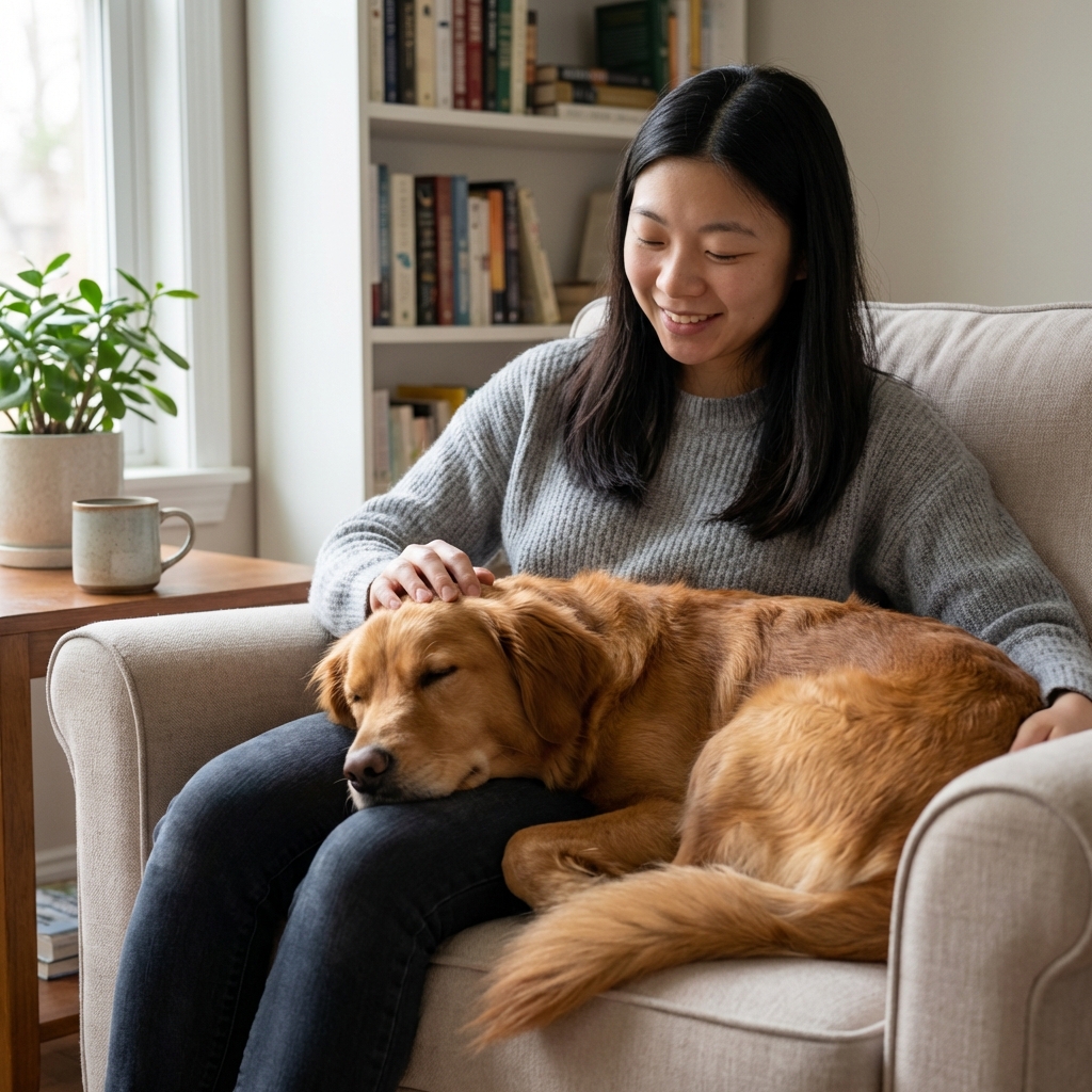 A relaxed dog resting with its head on a person's lap in a quiet room