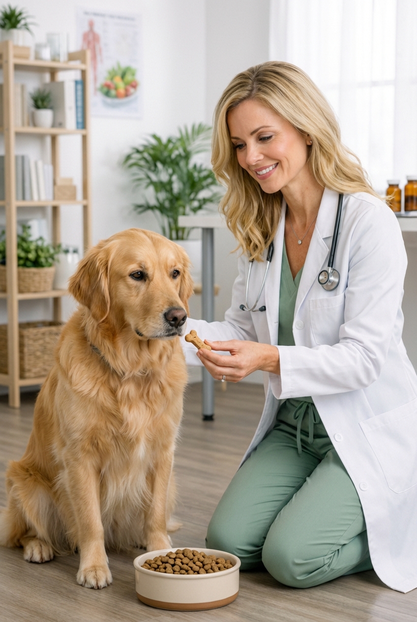 A relaxed dog sitting near a food bowl while a person holds a small treat