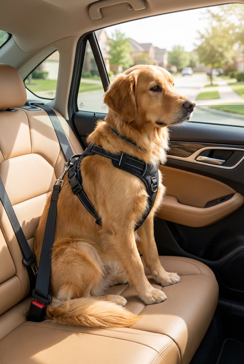 A relaxed dog sitting secured with a harness in the back seat of a car during daylight