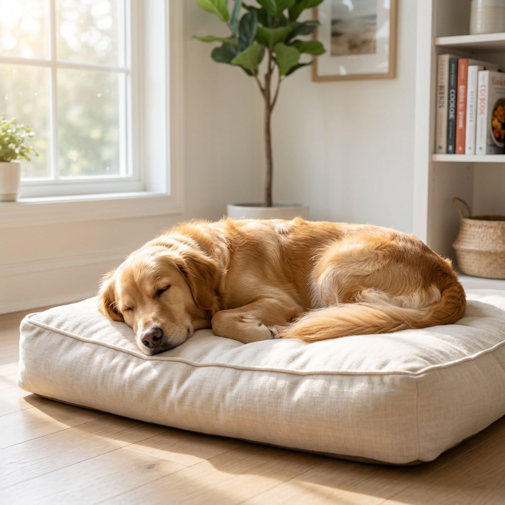 A relaxed dog sleeping on a clean dog bed in a bright room