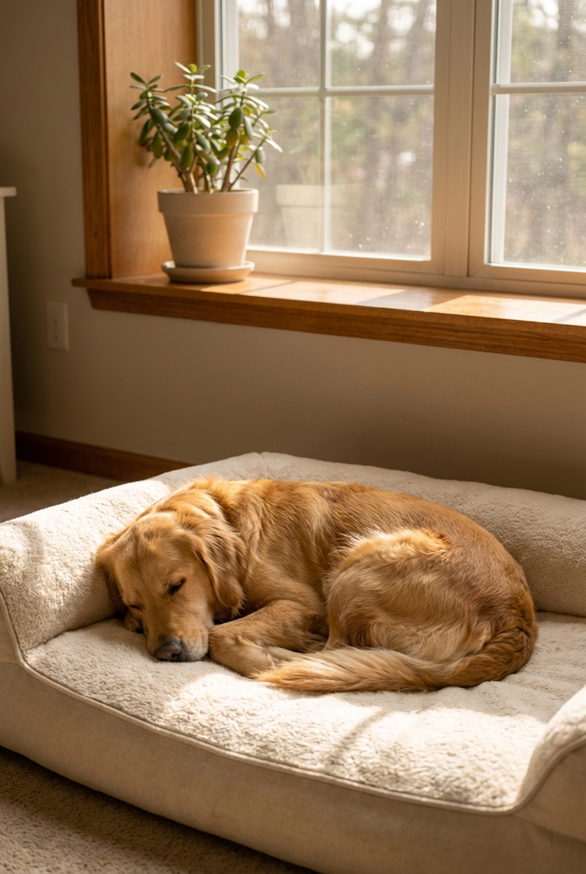A relaxed dog sleeping on a soft bed near a sunlit window