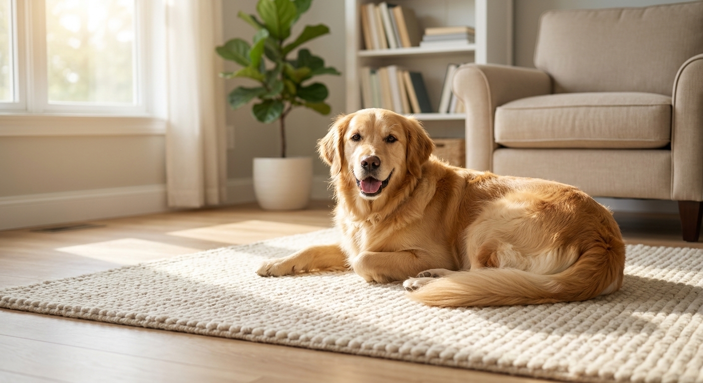 A relaxed family dog lying on a clean living room rug while sunlight comes through a window, realistic photo