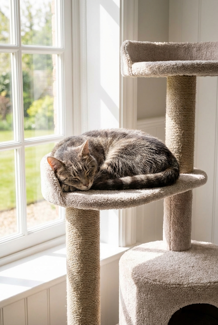A relaxed gray cat napping on a cat tree near a sunny window